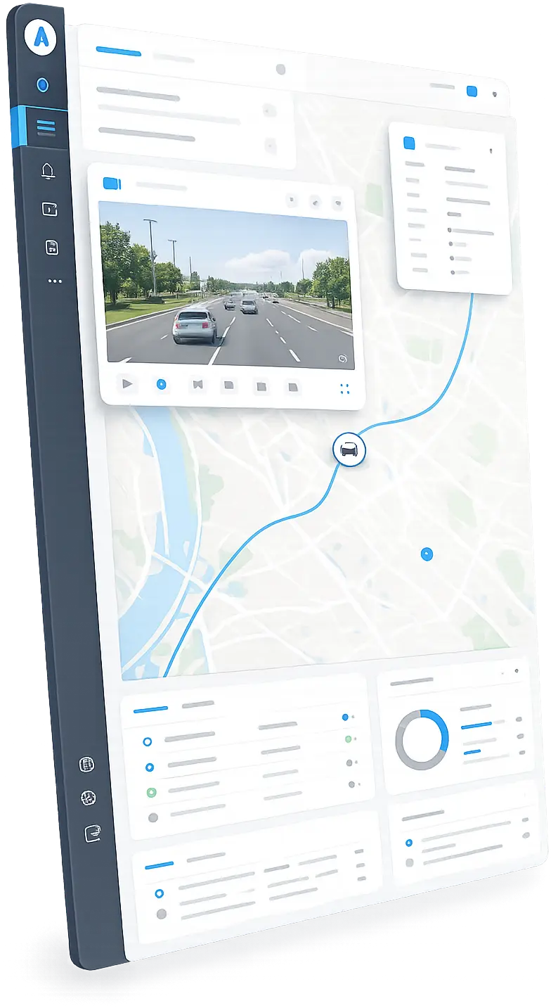 Plataforma de MonitorGPS con el mapa, el recorrido del vehículo y sus eventos